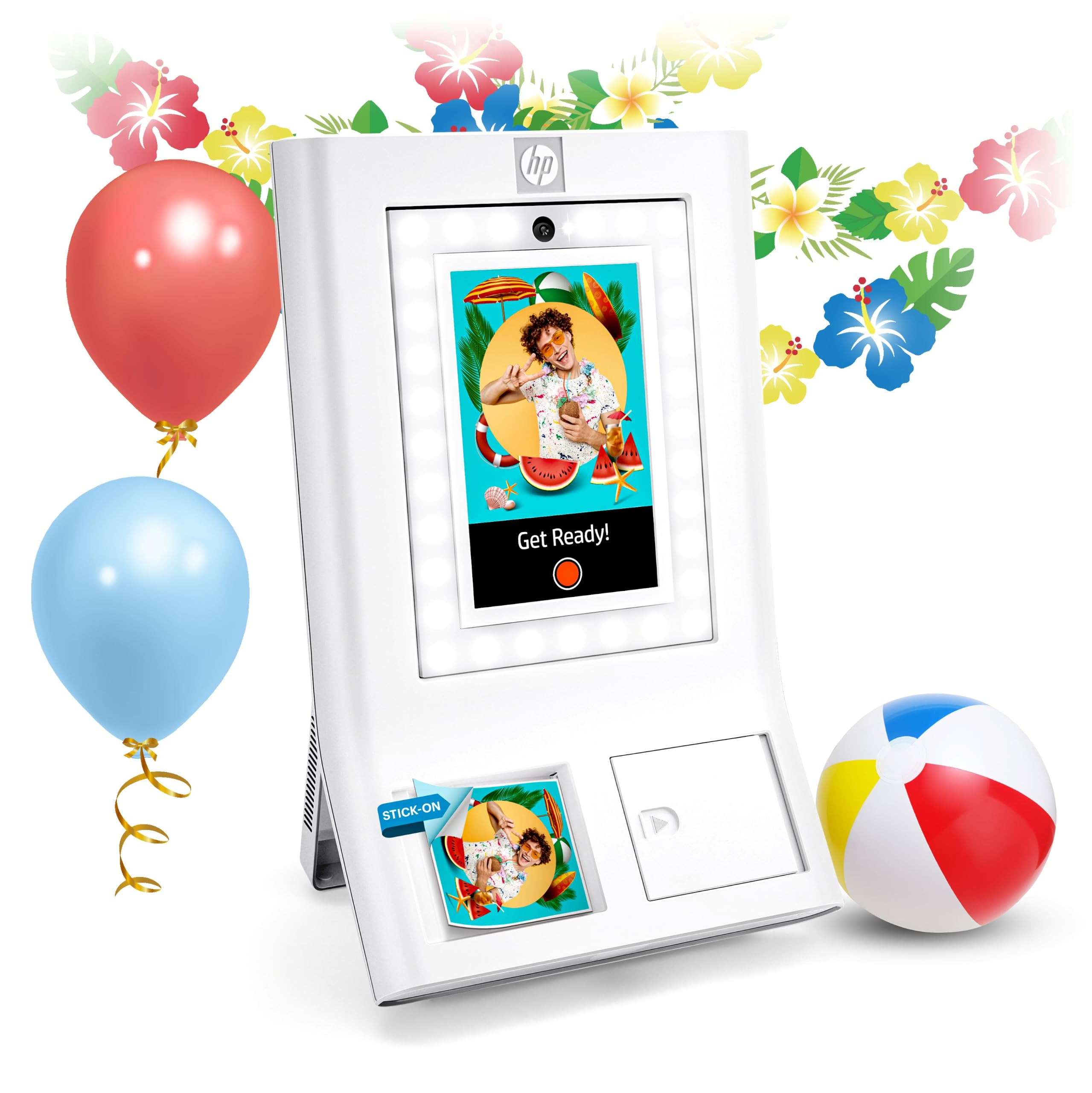 HP Sprocket Photo Booth Machine Stampante fotografica istantanea a colori, Touchscreen da 10,1" (25,6 cm), Ring Light, Cornici personalizzate, Carta Zink per Photobooth 3x4 (7,6x10,1 cm), Bianco.