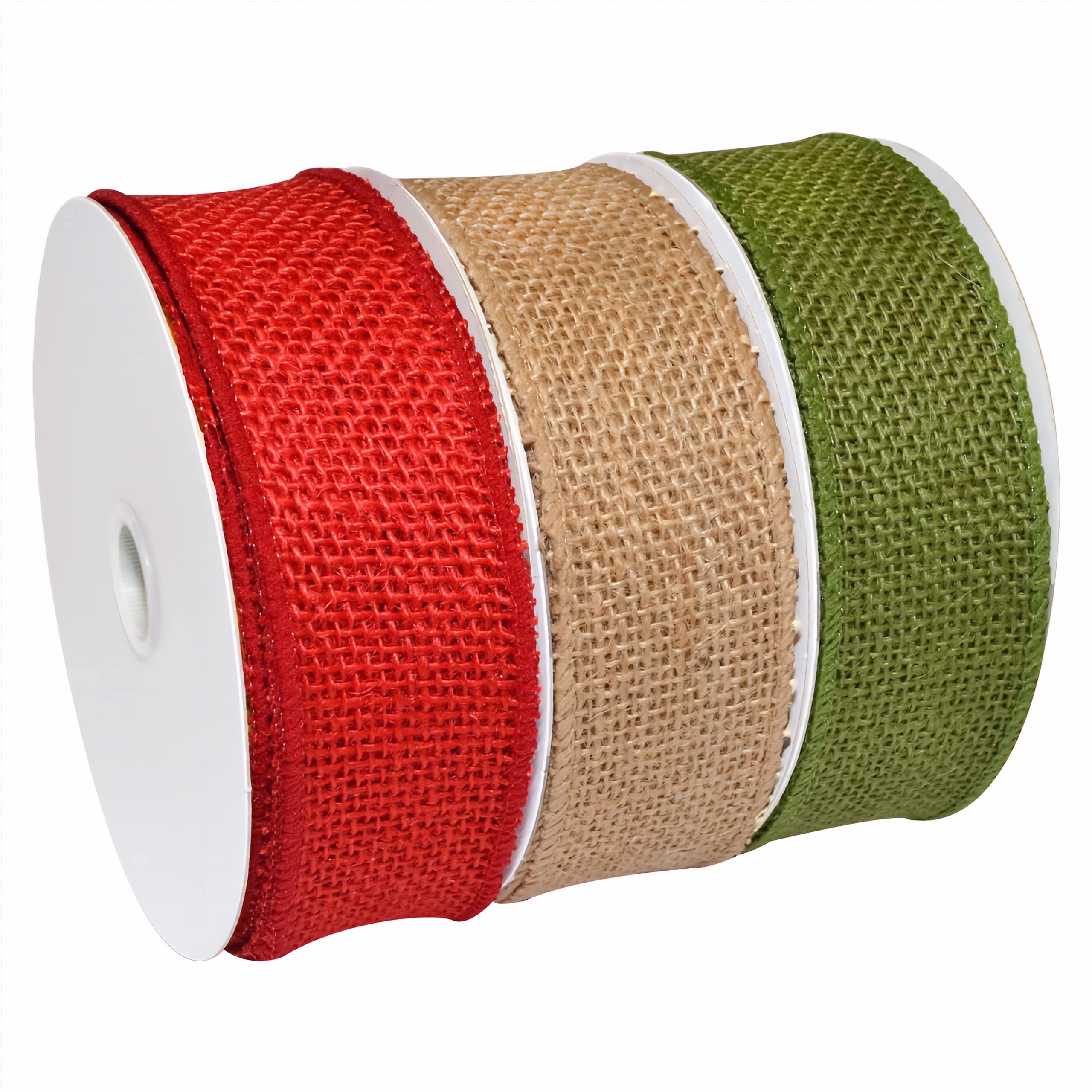 Morex Ribbon 1252.40/P3-004 Burlap 1.5" X 30 YD Jute Wired Ribbon, Natural/Green/Red (3-Pack), Arts & Crafts Burlap Roll for Wedding Decor and Rustic Christmas Decorations Indoor Home Decor