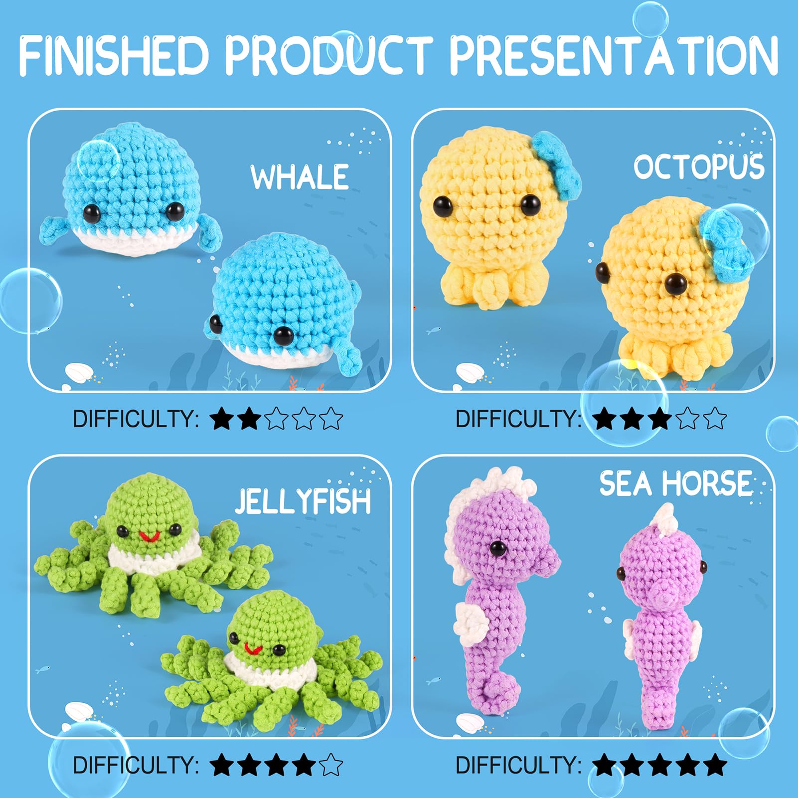 Pllieay Crochet Kit for Beginners, Beginner Crochet Kit for Adults & Kids with Step-by-Step Video Tutorials, Knitting Kit, 4 Pattern Crochet Animal Kit - Whale, Jellyfish, Sea Horse and Octopus