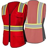 Besentinels 9 Pockets High Visibility Reflective Safety Vest for Women, Full Zip Class 2 Mesh Work Vest for Warehouse, Construction, Utility Workers, Red Medium