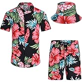 EISHOPEER Men's Flower Hawaiian Sets Casual Short Sleeve Shirt and Shorts Suits Outfits with Bucket Hats