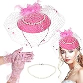 PRETYZOOM Fascinator Hat Set, Women's Tea Party Hat and Gloves Set with Pearl Necklace Headband, for Wedding Halloween Chirstmas Party, Pink