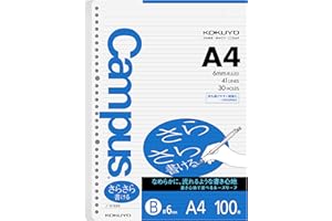 Kokuyo Campus Loose Leaf Paper, A4 Filler Paper with B 6mm Ruled, 100 Sheets 75 GSM Sarasara Smooth Writing, 30 Holes, 11-3/4"x8-1/4” Binder Notebook Bleed Resistant Paper. Japan Import (NO-816BE)