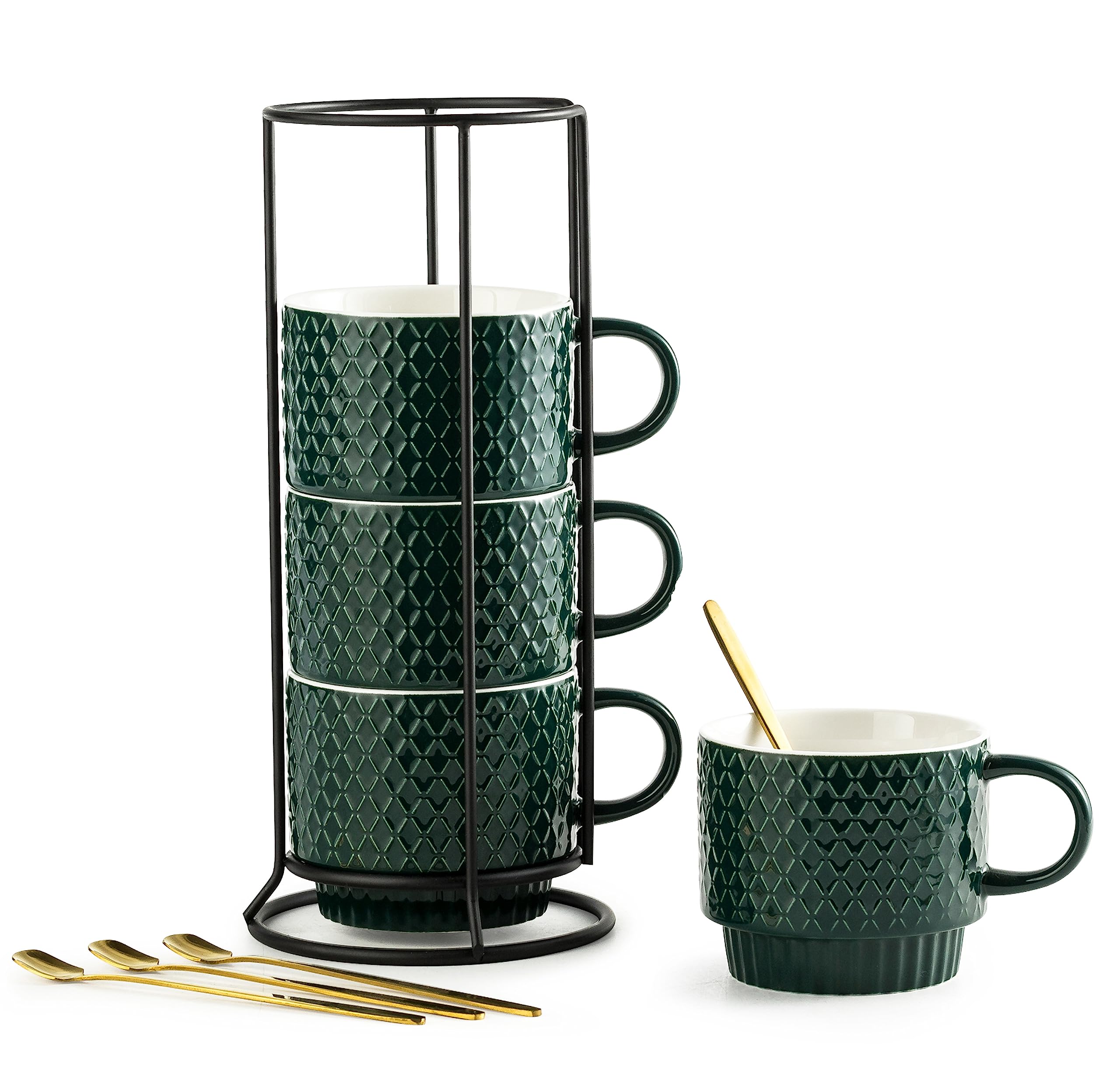 Photo 1 of LYEOBOH Coffee Mug Set Porcelain Stackable Coffee Mugs with Stand and Spoons, 13 OZ. Cappuccino Cup Demitasse Cups for Drinks, Espresso, Latte,Set of 4, Dark Green