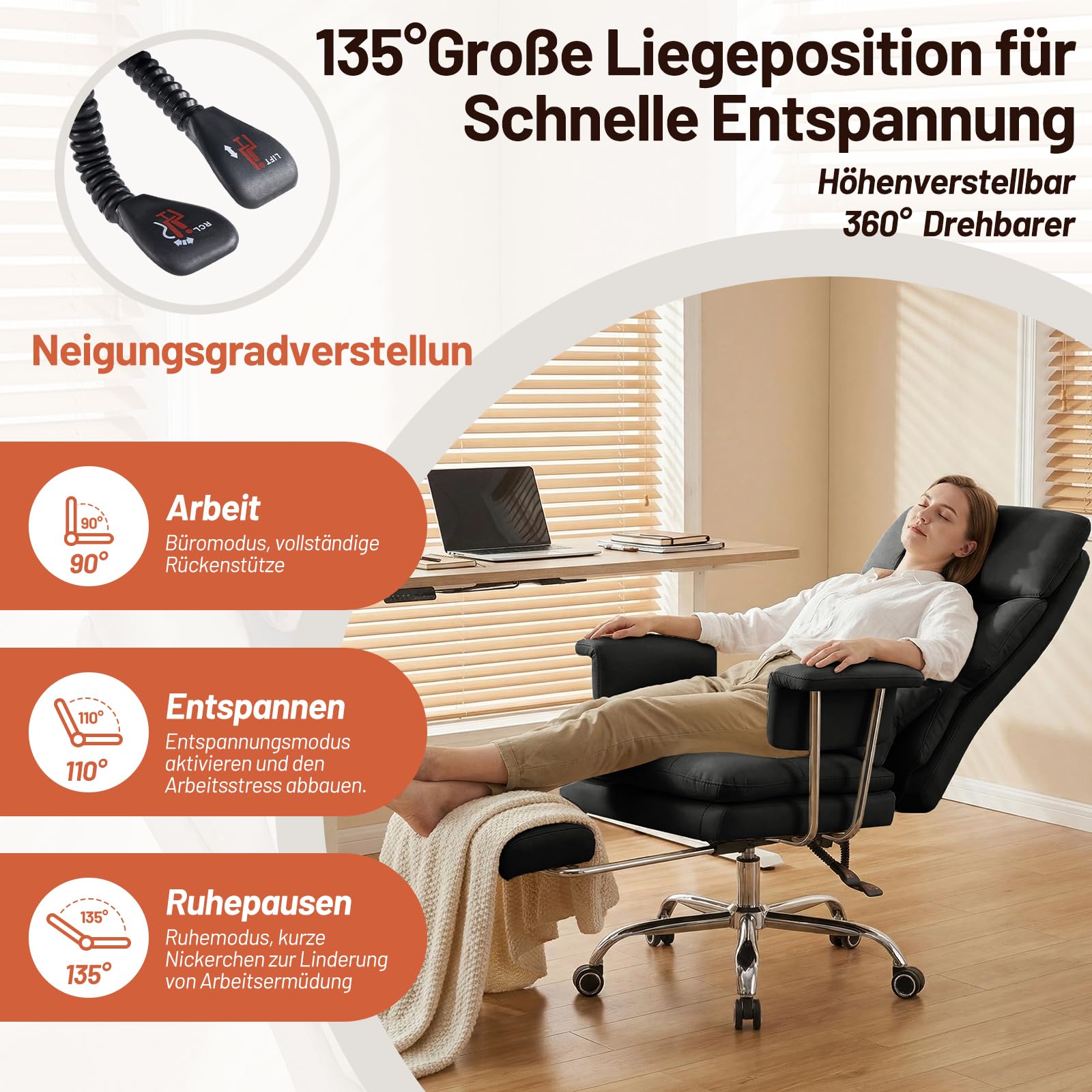 Ckaff Bürostuhl Ergonomischer mit Fußstütze und Lendenwirbelstütze, PU Leder Chefsessel 200KG XXL, Schreibtischstuhl Drehstuhl mit Armlehnen und Kopfstütze Höhenverstellbarer, Schwarz 4