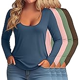 Evervibe 4 Pack Women's Plus Size Long Sleeve T-Shirts Scoop Neck Basic Tees Tops Casual Slim Fit Base Layer Undershirts