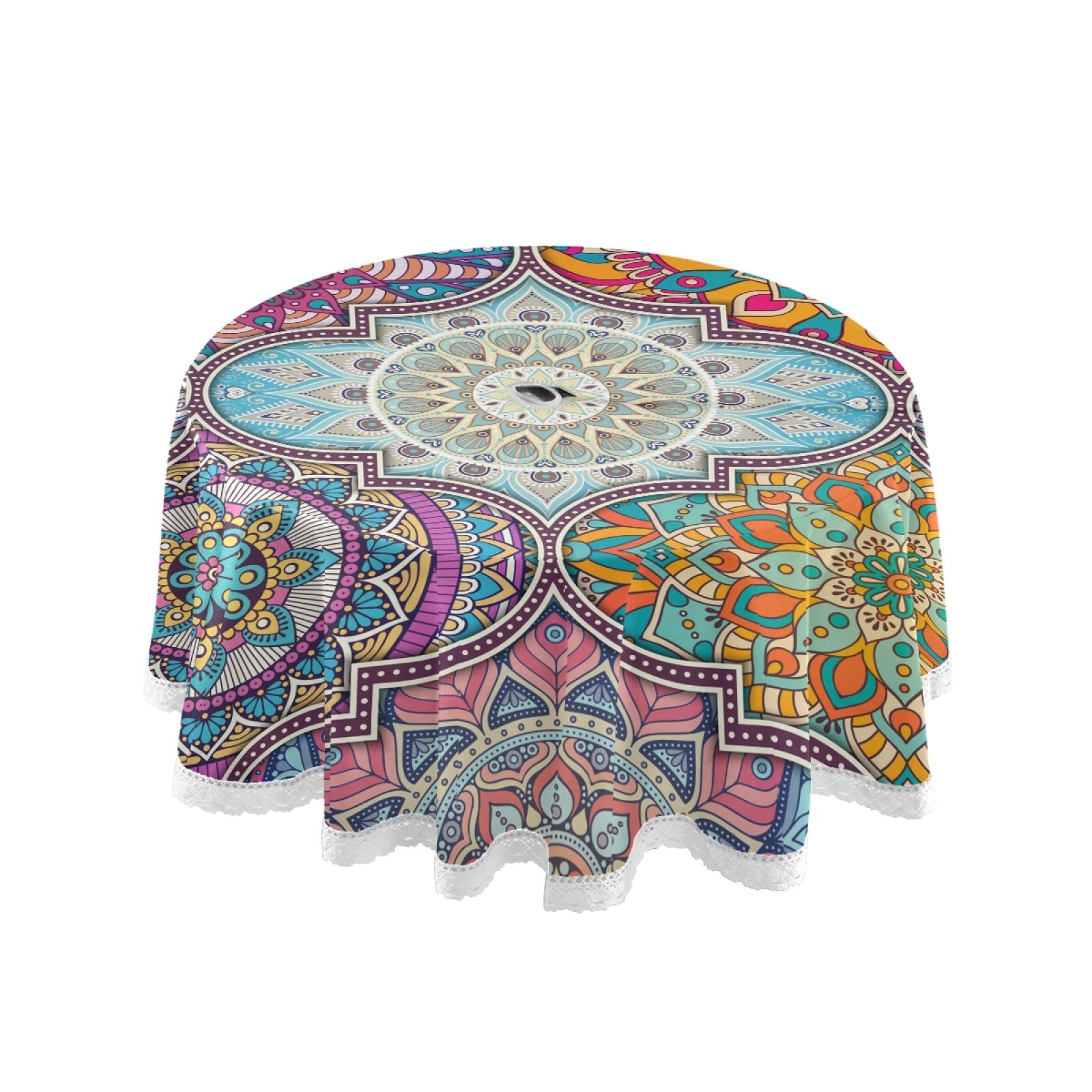 Xigua Mandala Round Tablecloth with Umbrella Hole and Zipper Outdoor Tablecloth Spill-Proof Polyester Table Cover for Kitchen Patio Garden Party Picnic Decoration