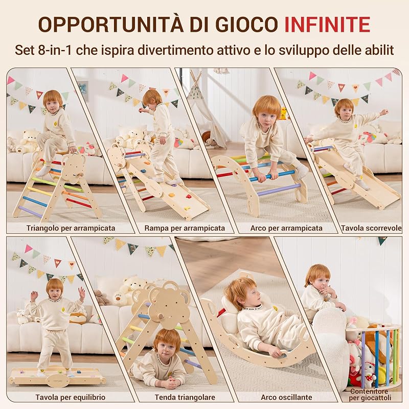 Arrampicata per Bambini 8 in 1, Triangolo Pikler, Colori Mix