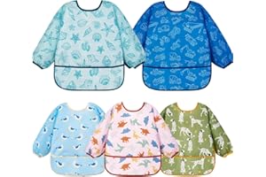 Lictin Long Sleeve Bibs 5 Pack - Baby Bibs, Waterproof Toddler Bibs, Baby Smock for Eating, Baby Bibs for Feeding Teething