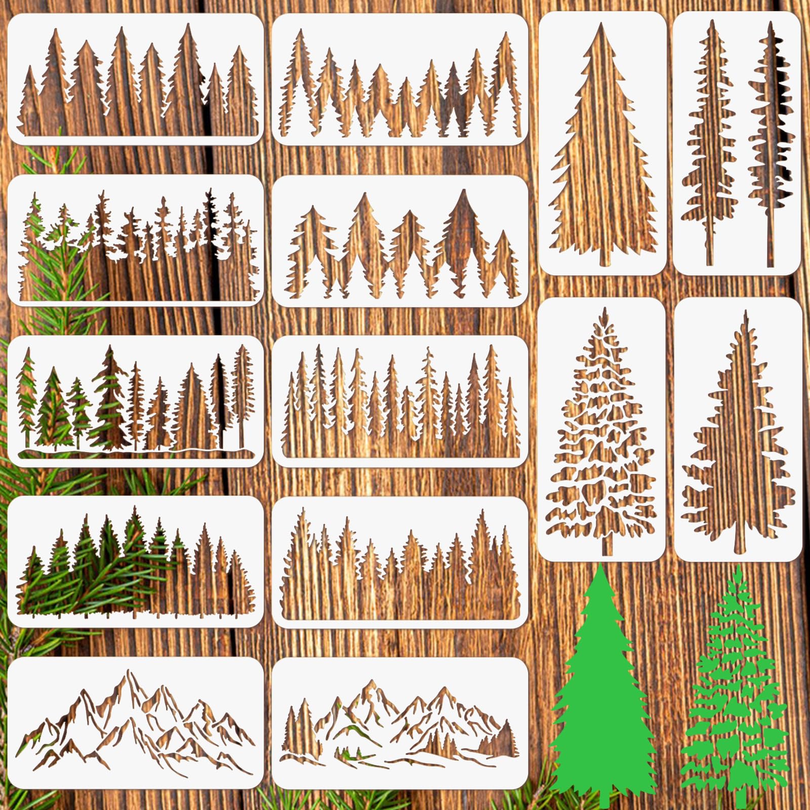 ORIGACH 14 Pcs Pine Tree Stencils for Painting on Wood Wall, Reusable Large Tree Painting Stencils for Fabric Canvas Window Furniture Home Decor