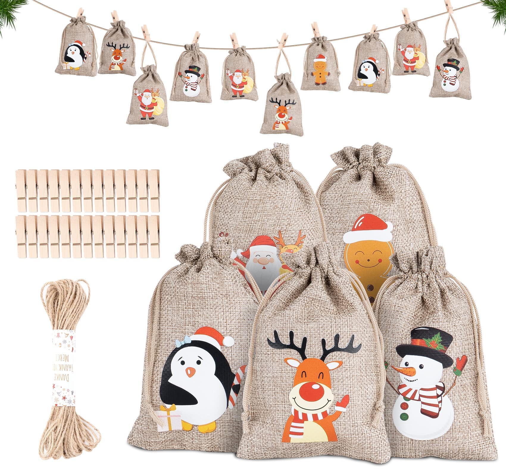 25Pcs Advent Calendar Bags, 10x15cm Christmas Burlap Bags Xmas Hessian Gift Sacks Christmas Burlap Drawstring Bag for Xmas Party Decoration
