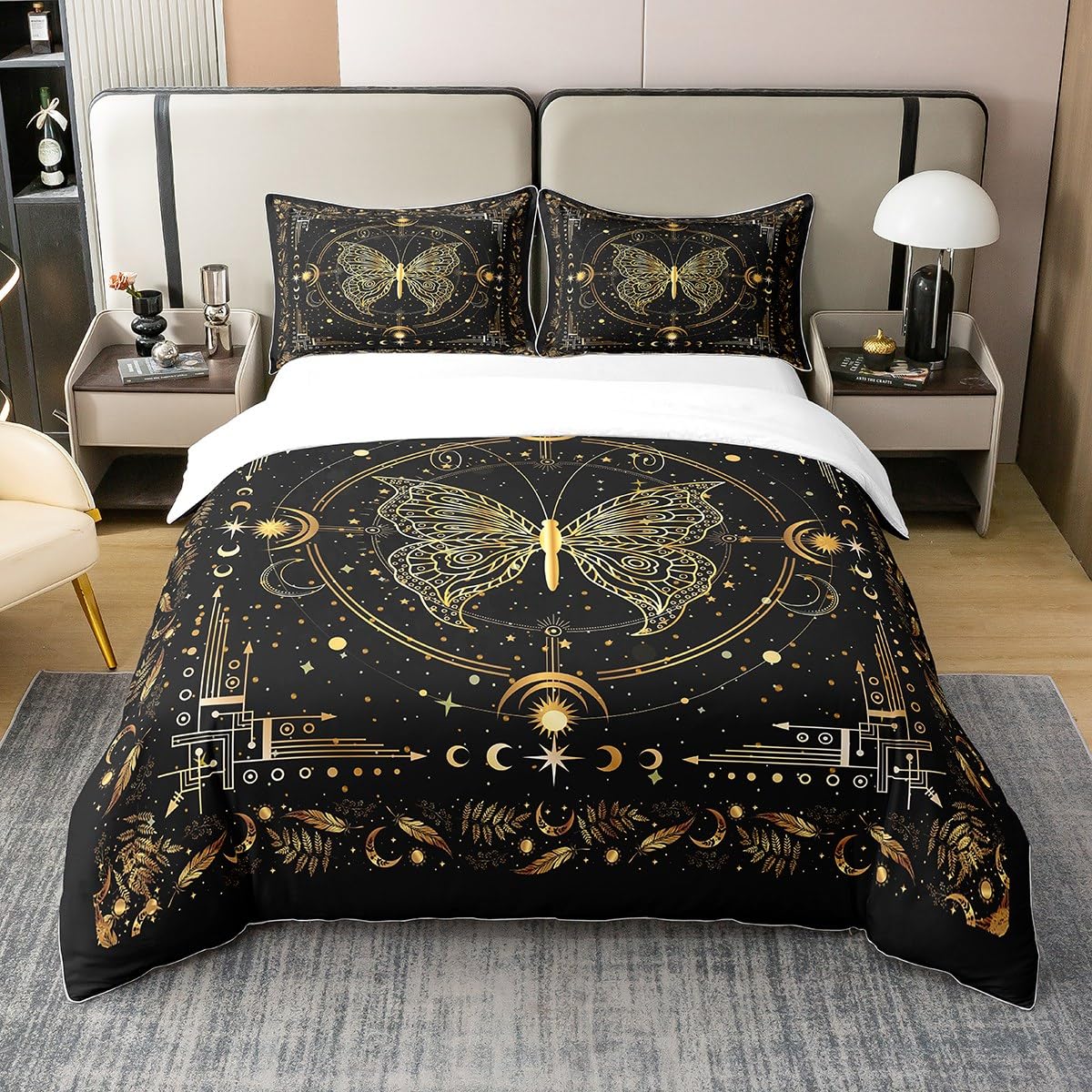 Homemissing Butterfly 100% Cotton Duvet Cover Kids Sun Moon Bedding Set Black Gold Comforter Cover Set Double Size for Women Men Solar System Bedspread Cover
