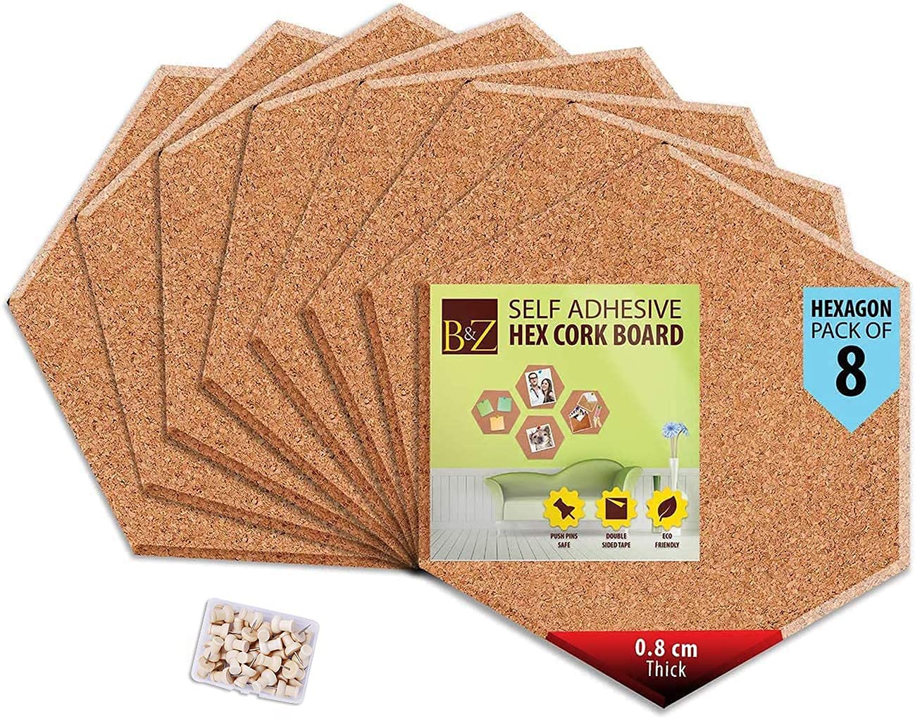 B&Z Self Adhesive Sticky Cork Board Hexagon Tiles Mini Wall Bulletin Boards Pin Message Notice Board Office Memo School Pinboard Wooden Push Pin Hexagon Rounded Curves (20cm x 17.4cm x 0.8cm) (8)