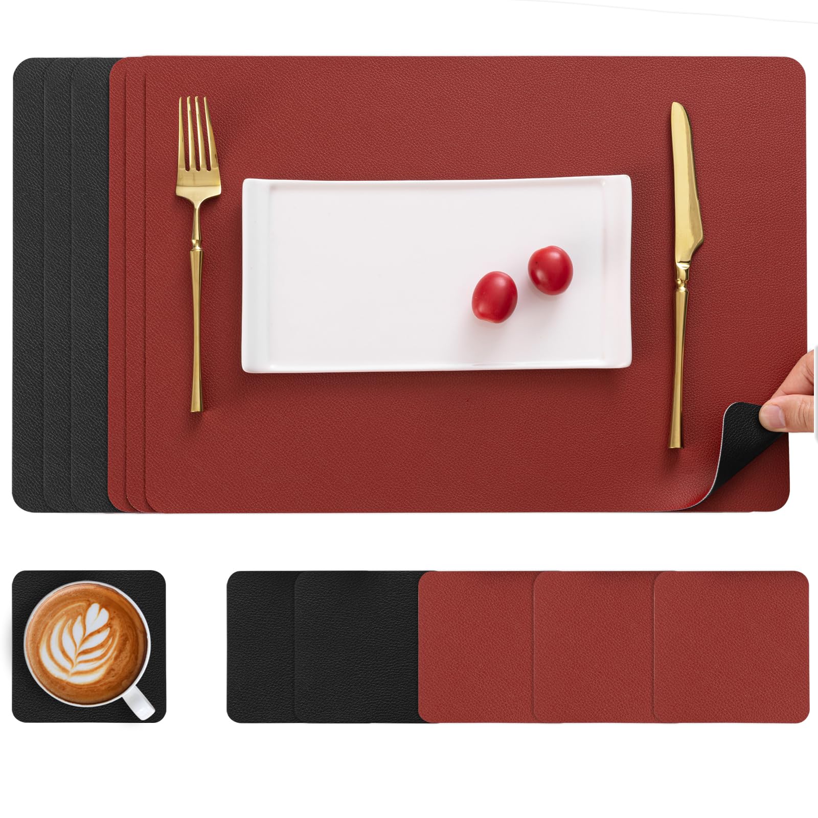 Myir JUN Leather Table Mats and Coasters, Dual-Sided Leather Placemats and Coasters Waterproof Placemats Set of 6 Place Mats Non-Slip Washable Table Mats (Red Black, Set of 6)