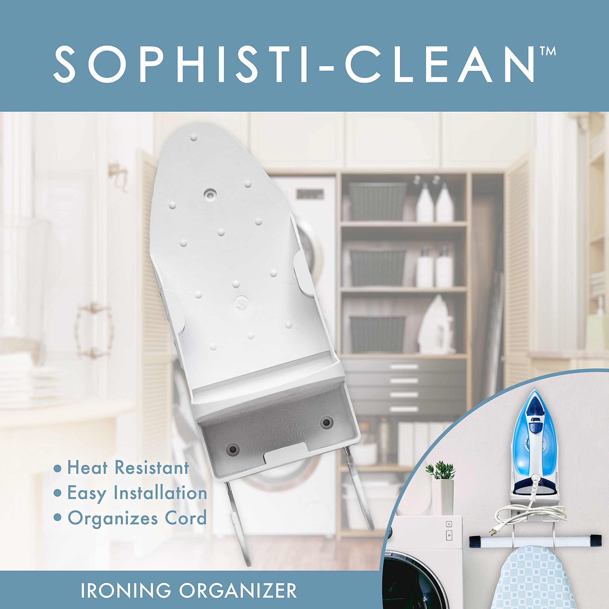 Sophisti-Clean Iron Board Laundry Room Organization and Storage with Hooks, White
