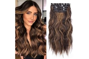 ZQIAN BEAUTY 4Pcs Clip in Hair Extensions, 20 Inches Long Wavy Synthetic Brown Hair Extensions Clip in, for Women and Girls (Color: Dark Brown with Light Brown Highlights)