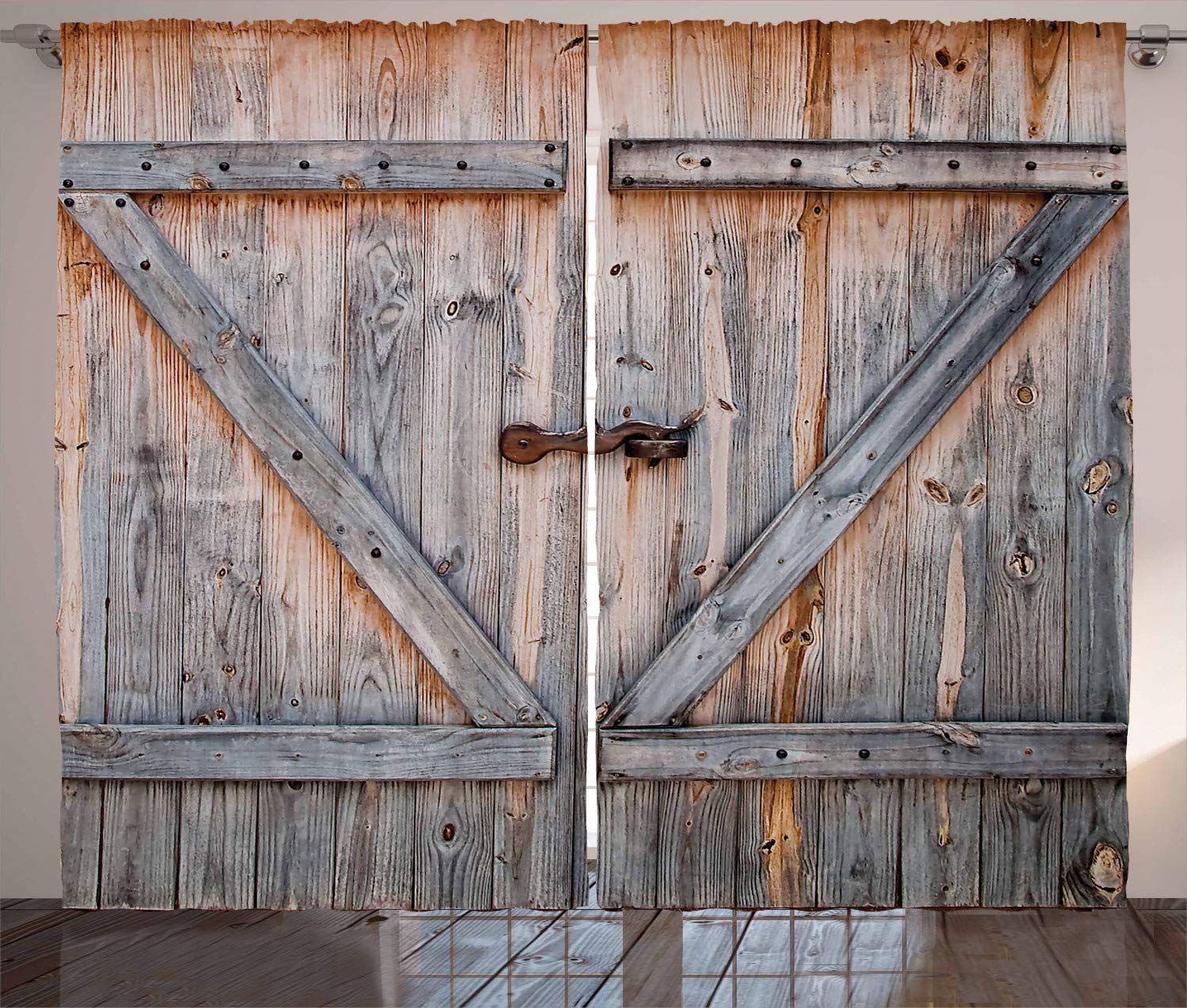 ABAKUHAUS Rustic Curtains, Old Wooden Garage Door American Native Country Farm Style Artwork Image, Living Room Bedroom Window Drapes 2 Panel Set, 280 x 225 cm, Gray Brown