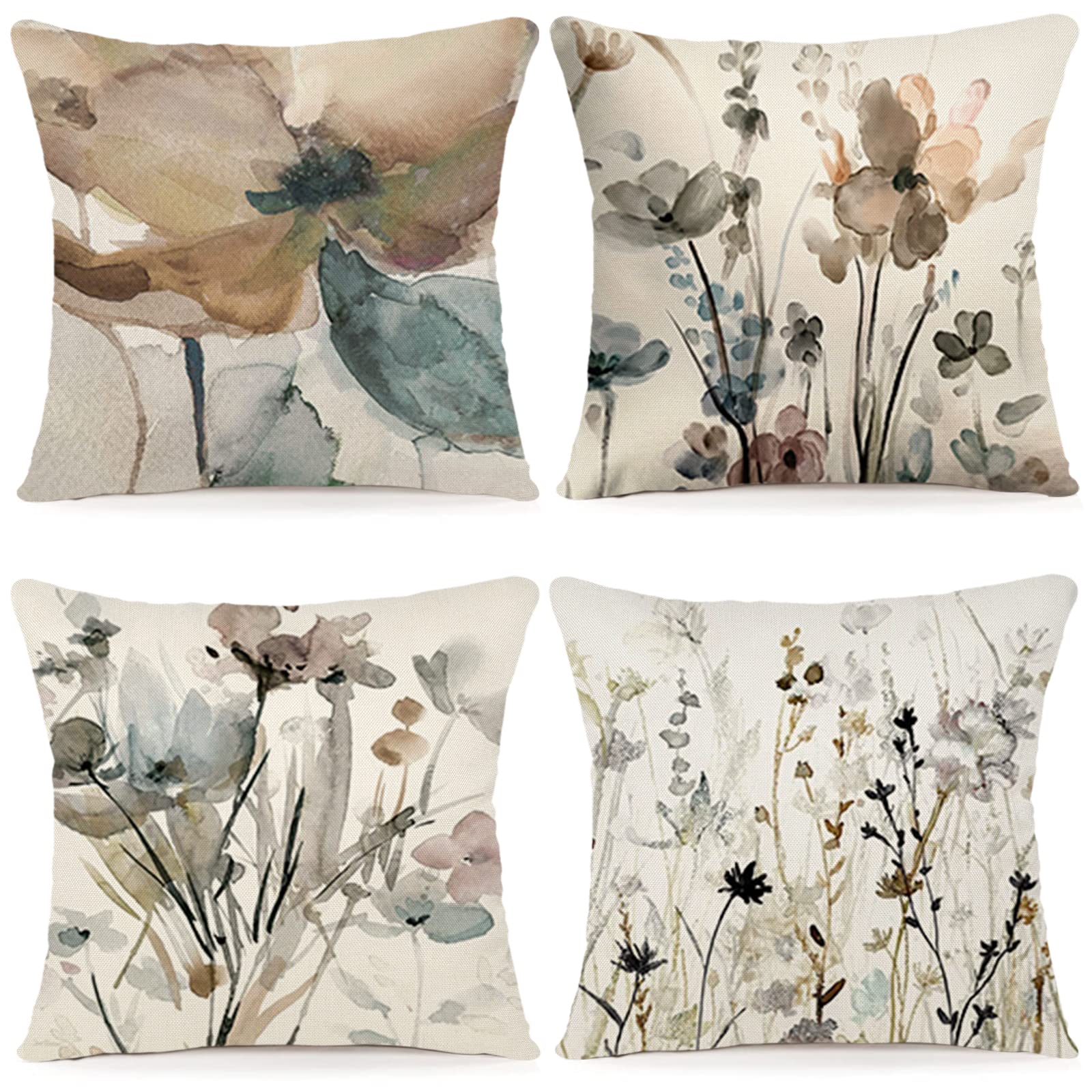 YCOLL Floral Cushion Covers 60x60 Set of 4 Linen Sofa Cushion Modern Abstract Flowers Watercolor Painting Throw Pillow for Sofa Bedroom Couch Outdoor Covers 24x24 A090