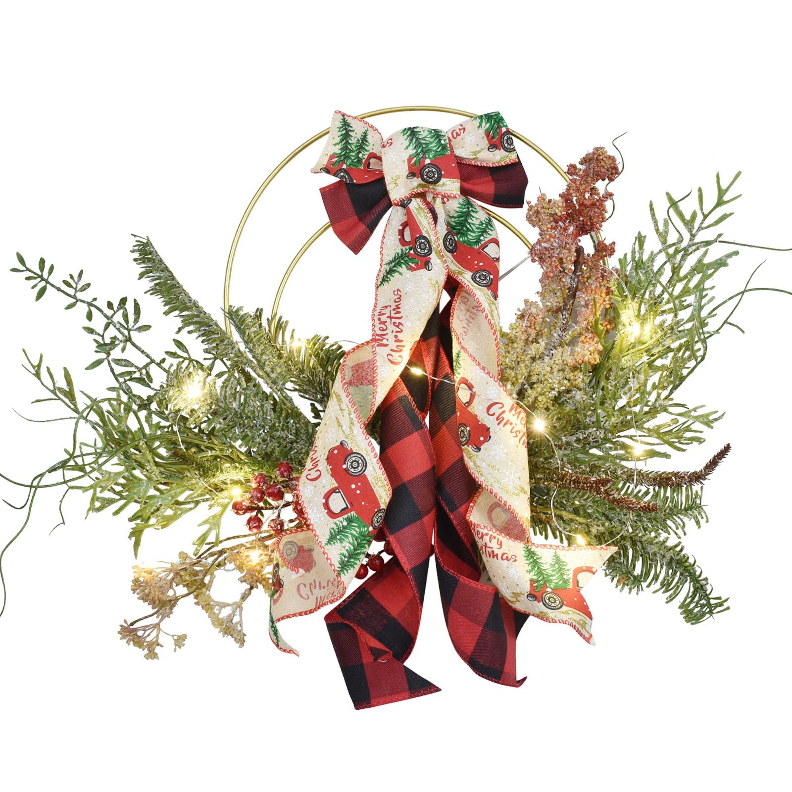 Photo 1 of Lighted Christmas Wreath, 12 Inch Small Outdoor Christmas Wreath - Mini Prelit Winter Xmas Wreath with Berry, Christmas Bowknot, Pine Leaf for Thanksgiving Holiday Wall Window Decorations