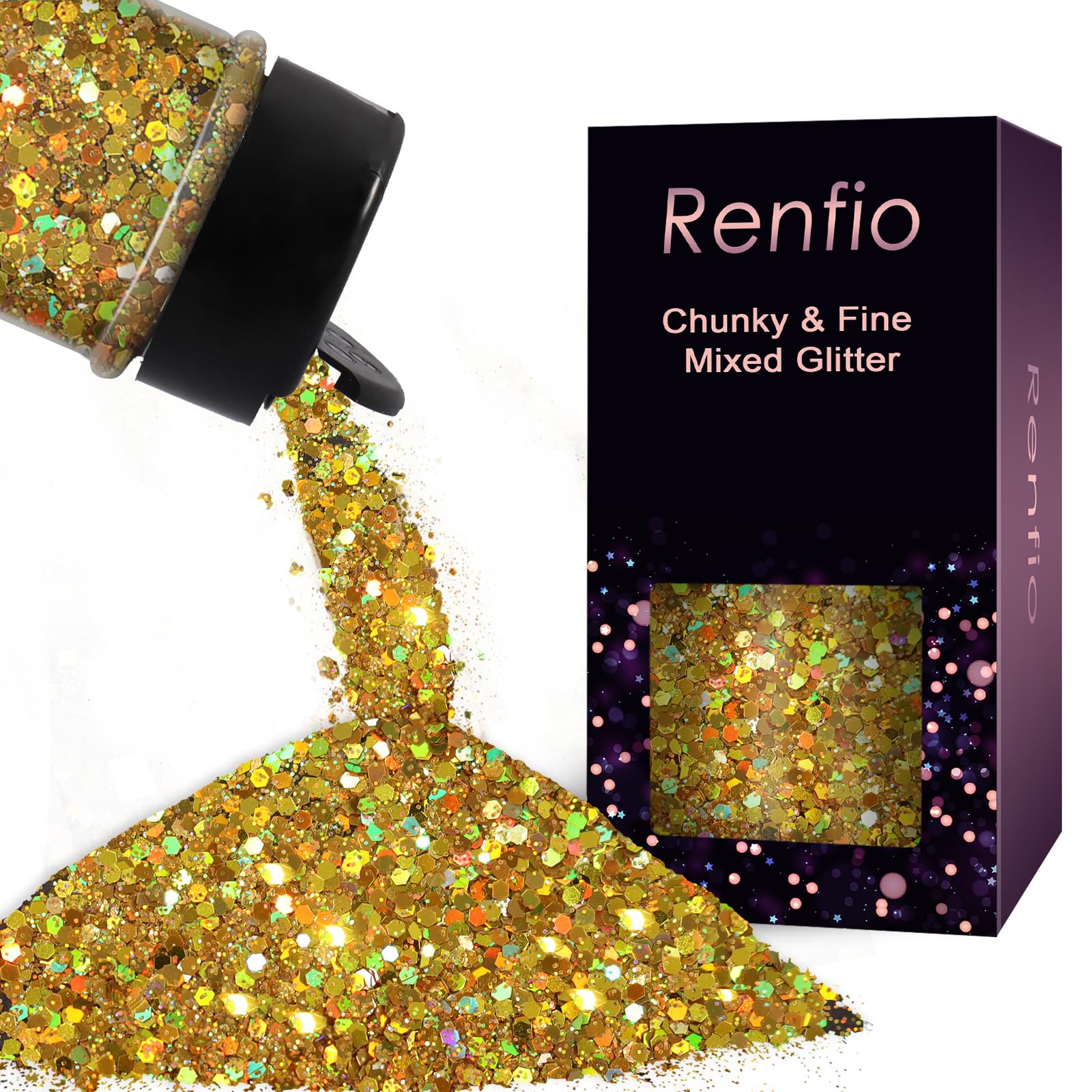 Renfio Holographic Glitter, 2.11oz/60g Chunky Glitter Mix Ultra Fine Powder for Crafts Gold Sequins Christmas Resin PET Flakes for Nail Art Tumblers Slime - Laser Gold