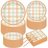 200PCS Fall Thanksgiving Tableware Set Party Decorations Thanksgiving Plaid Plates Napkins Forks Dinnerware Set for 50 Guests Disposable Fall Dinner Plates Party Supplies Happy Harvest Dessert Plates