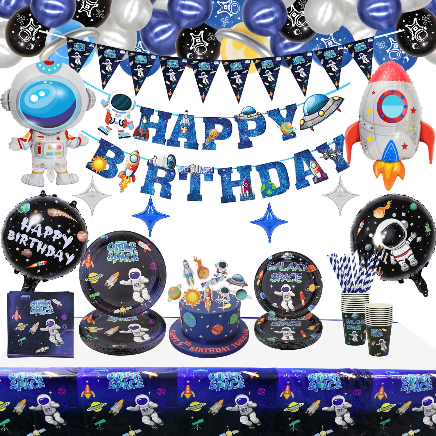 160 PCS Outer Space Party Supplies - Solar System Party Supplies Balloon, Astronaut Happy Birthday Banner, Cake Topper, Plates, Napkins, Cup, Tablecloth for Boy Kid Party Decorations, Serves 20 Guest — image 1