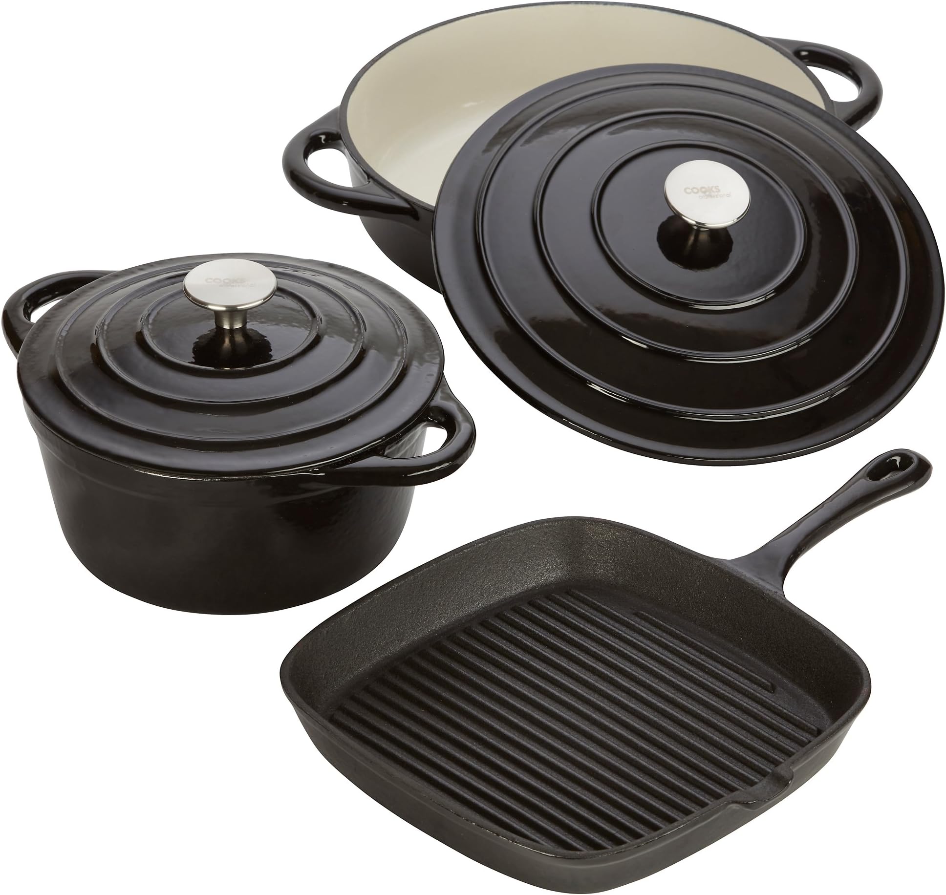 Cast Iron Kitchen Pan Set Cookware Oven Proof Skillet Pan & Casserole Dishes with Self Basting Lids by Cooks Professional (Black)