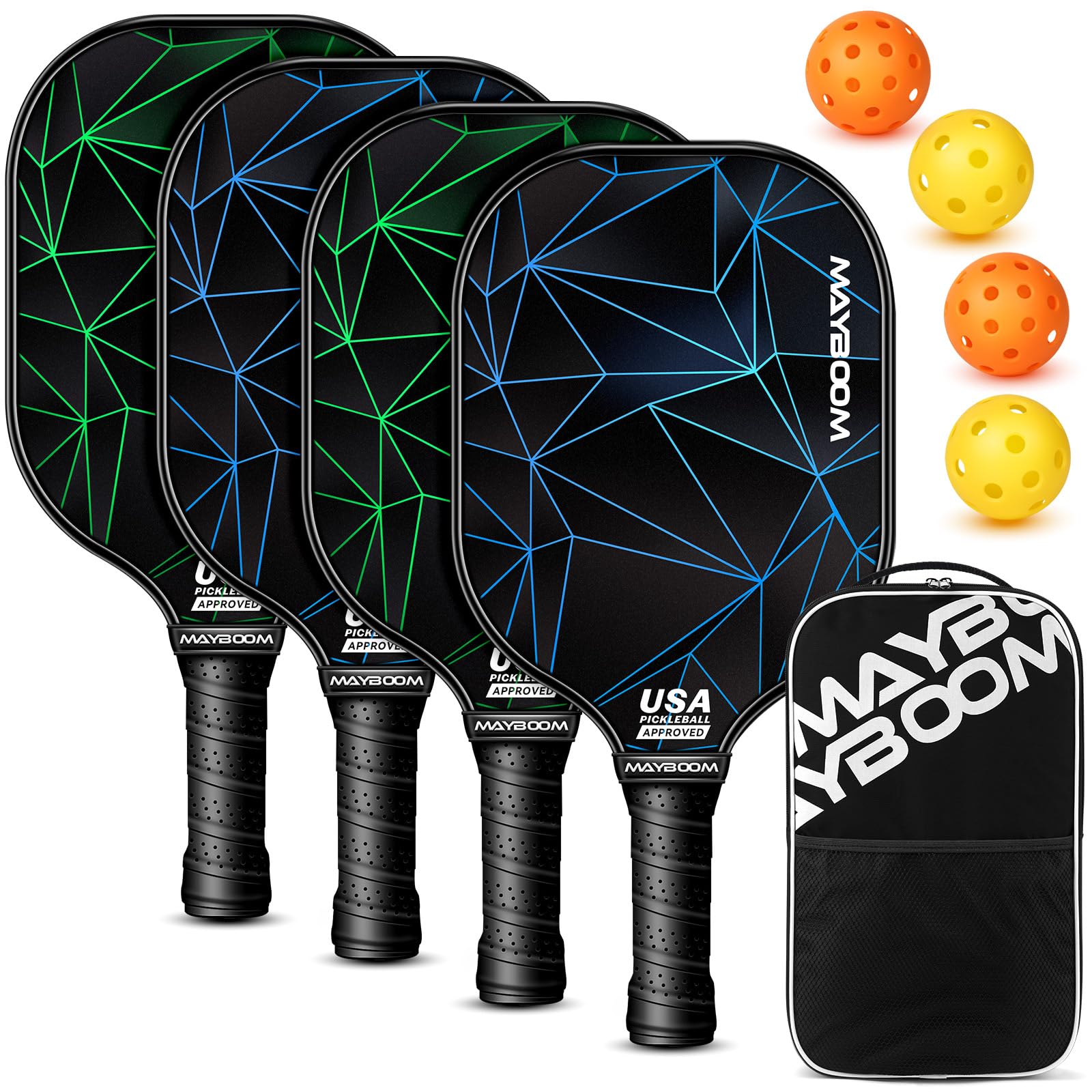 Pickleball Paddles Set of 2 or 4, USAPA Approved Pickleball Set with 4 Pickleball Balls and Pickleball Bag, Fiberglass Pickle Ball Rackets for Beginner 2 Pack (Polygonal 4Set) Image