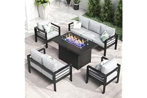 LayinSun Aluminum Furniture Set with Fire Pit Table, 5 Pieces Patio Sectional Conversation Chat Sofa Modern Seating Set
