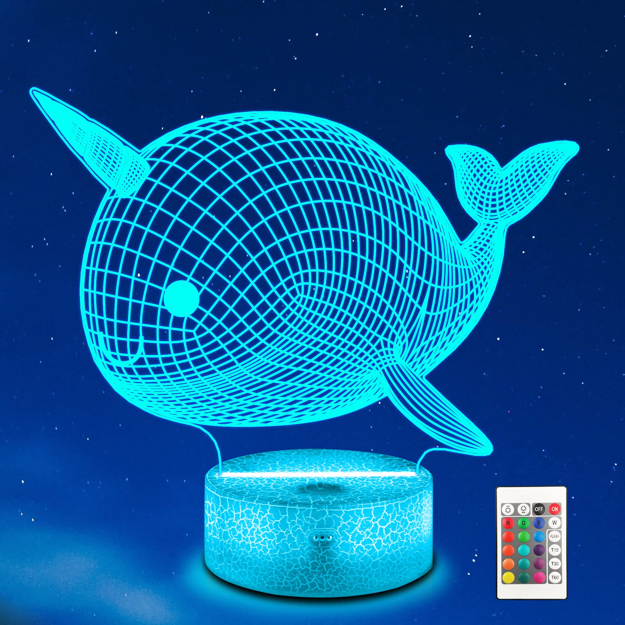 Ammonite Narwhal 3D Illusion Night Light - 16 Colour Changing with Remote Control and Timer, Great Gift for Kids, Narwhal Fans