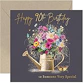 Female 90th Happy Birthday Card for Her - 'Happy Ninetieth' Watering Can Card - Gold Foil Butterflies and Colourful Flowers - Age Ninety Birthday Gift for Her - Women Cards