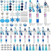 Kosiz 12 Set Winter Beadable Pens, Multicolor 4 in 1 Plastic Snowman Snowflakes Ballpoint Bulk, DIY Beaded Pens Making Kit, Blue and White Winter Theme Party Gifts Crafting for Office Supplies