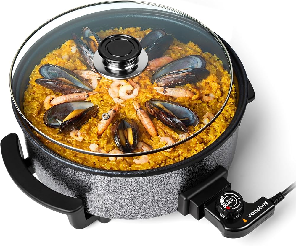 VonShef Electric Frying Pan 5L 1500W 30cm Non-Stick Skillet with Glass Lid