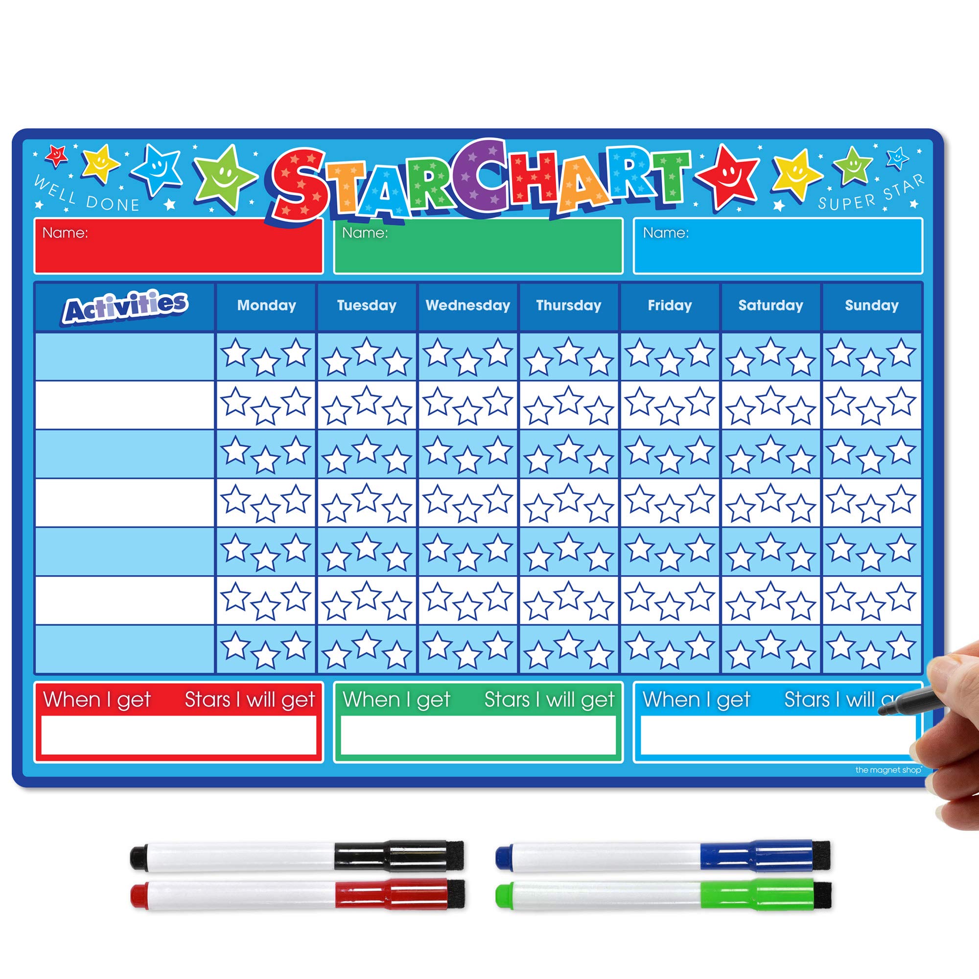 TMS Reward Chart for Children | Magnetic Star Chart for Recognising and Inspiring Good Behaviour in Toddlers and Kids, Boys and Girls | Includes 4 Magnetic Coloured Dry Wipe Pens (Blue)