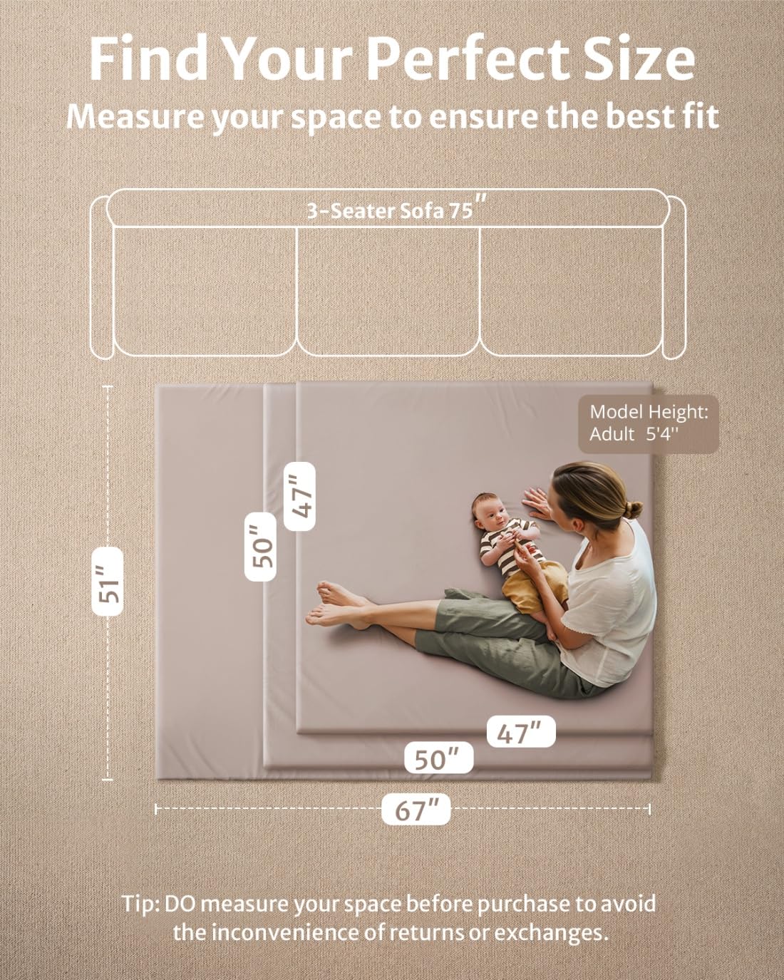 Blissful Diary Vegan Leather Baby Play Mat, 50x50 Thicken Foam Cushioned & Waterproof Playpen Mat for Infants and Toddlers, Stylish and Just Wipe-Clean Playmat for Baby Play on Floor, Taupe