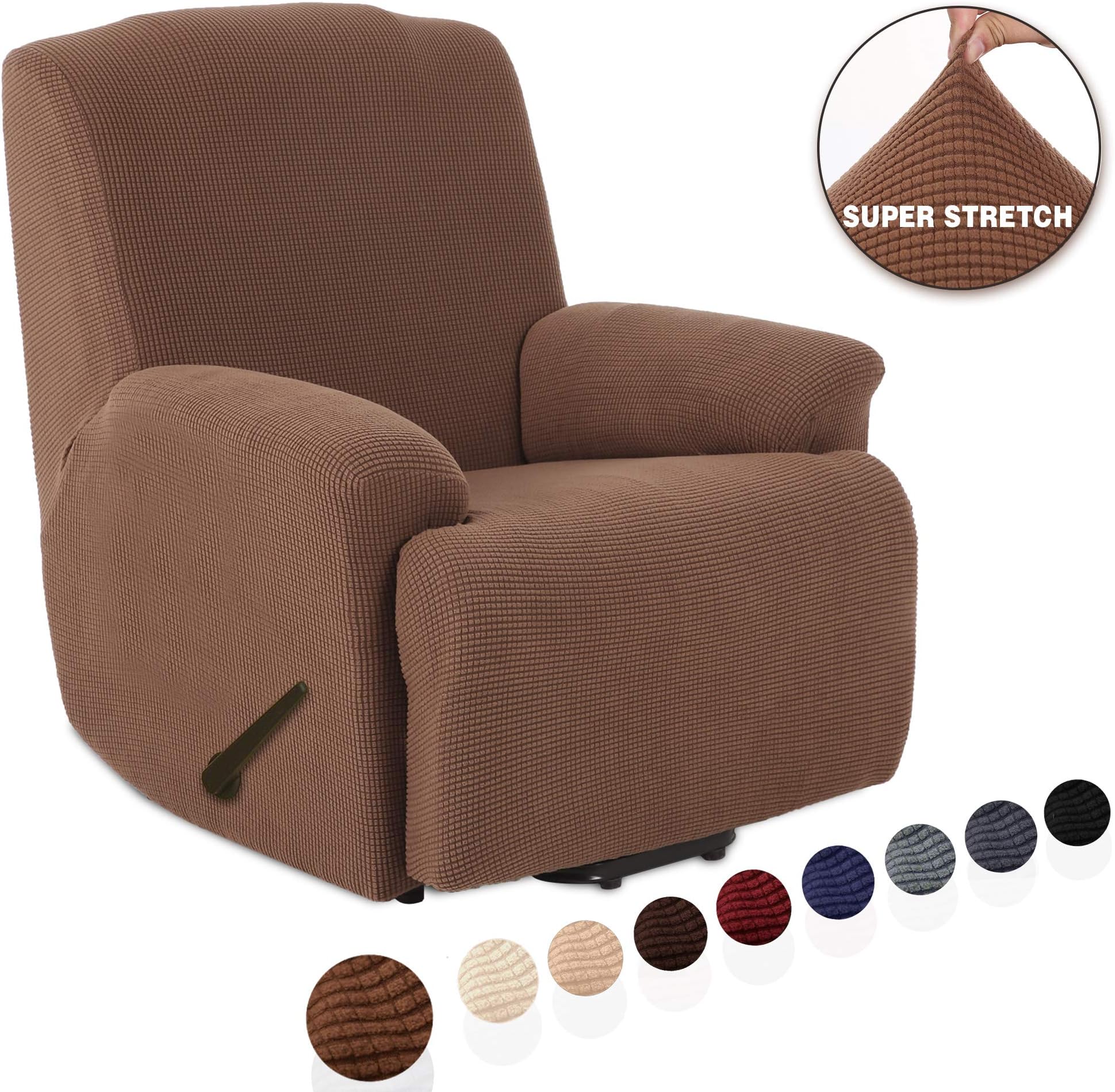 TIANSHU Stretch Recliner Chair Cover, Recliner Cover wiht Jacquard Fabric, Chair Covers for Reclining Chair, 1 Piece Furniture Cover Protector for Recliner Slipcover with Pocket(Coffee)