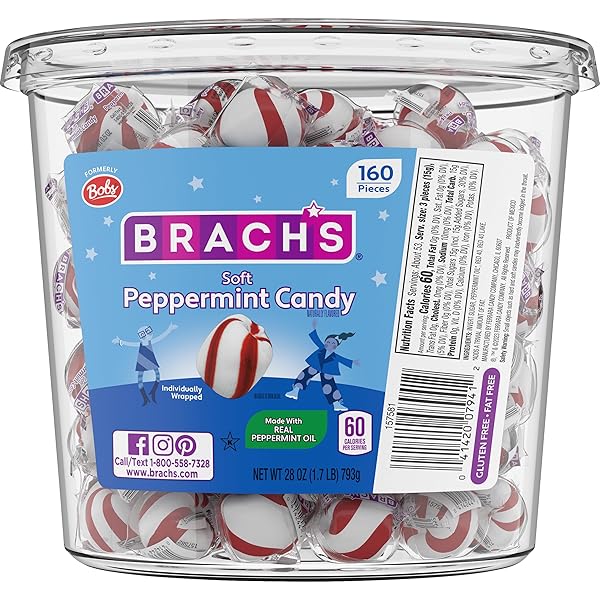 BRACH’S BOBS SWEET STRIPES SOFT PEPPERMINT CANDY, 160 INDIVIDUALLY-WRAPPED PIECES, 28 OUNCE JAR