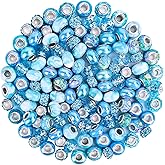 120pcs European Large Hole Beads, Assortments Charm Lampwork Murano Spacer Craft Beads for DIY Charms Bracelet Necklace Earring Jewelry Making Supplies(Blue)