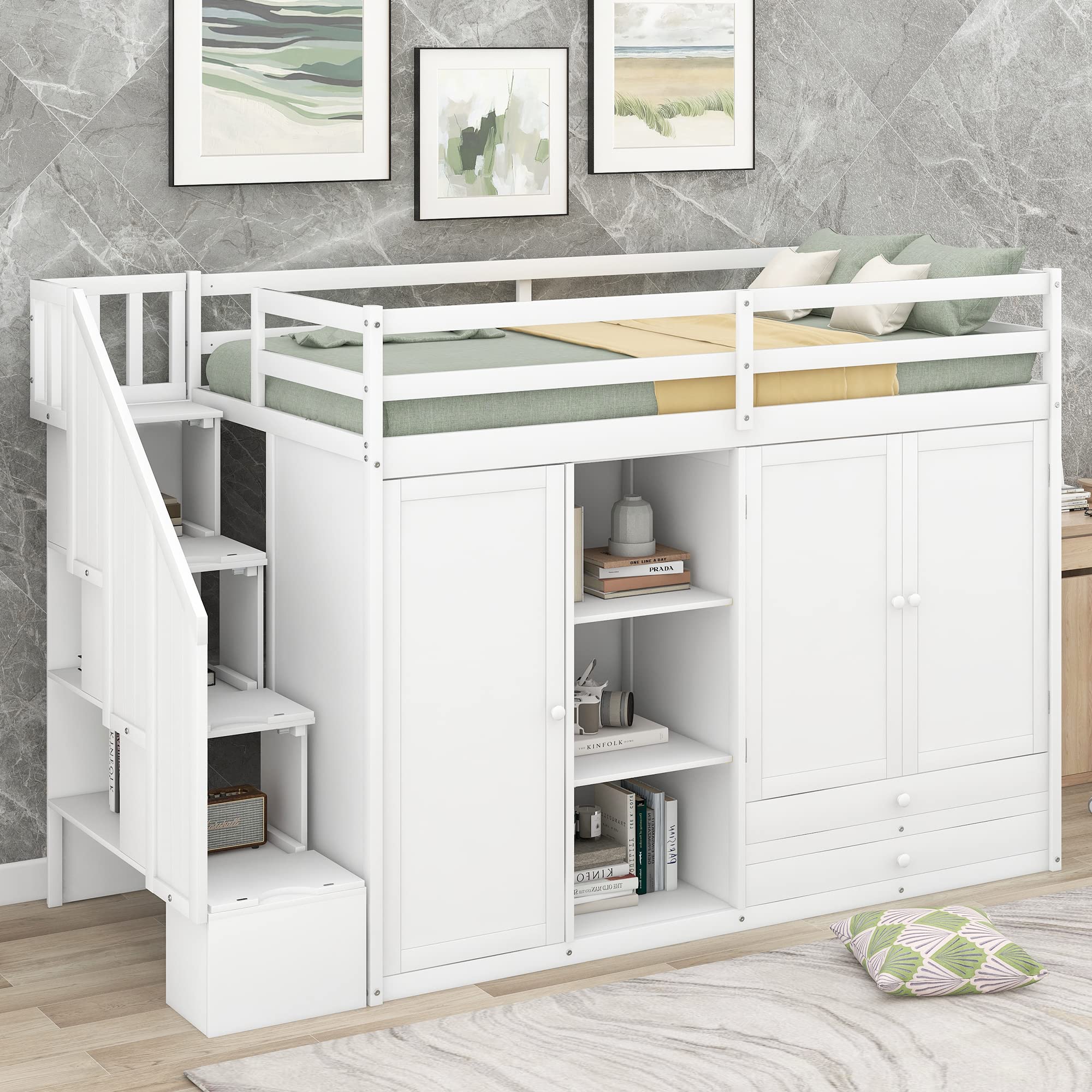 Photo 1 of ***PARTIAL SET, BOX 2/3 ONLY*** Merax Twin Loft Bed with Stairs, Functional Loft Bed with Wardrobe, Shelves and Drawer, Wooden Loft Bed Frame, No Box Spring Needed