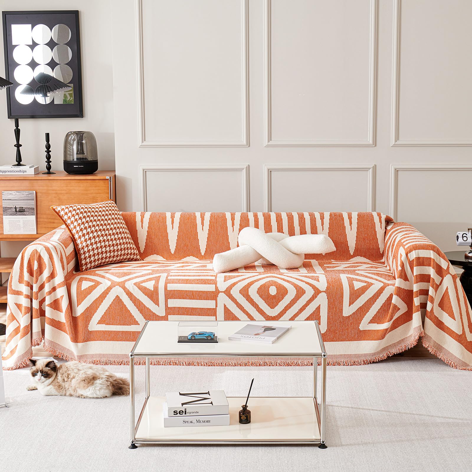 TAOTAOGO Sofa Cover 3 4 Seater Boho Chenille Corner Sofa Slipcover Washable L Shape Sofa Covers Reversible Sectional Couch Cover with Tassel Furniture Protector for Pet All-Season A Orange 180x380cm