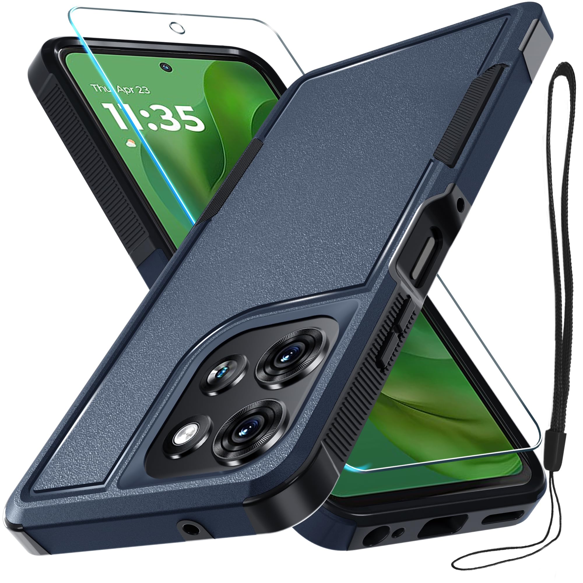 RMOCR for Moto G Power 5G 2025 Case, Full Body Heavy Duty Rugged Shockproof Protective Phone Cover with Lanyard Strap, Tempered Glass Screen Protector, Navy Blue