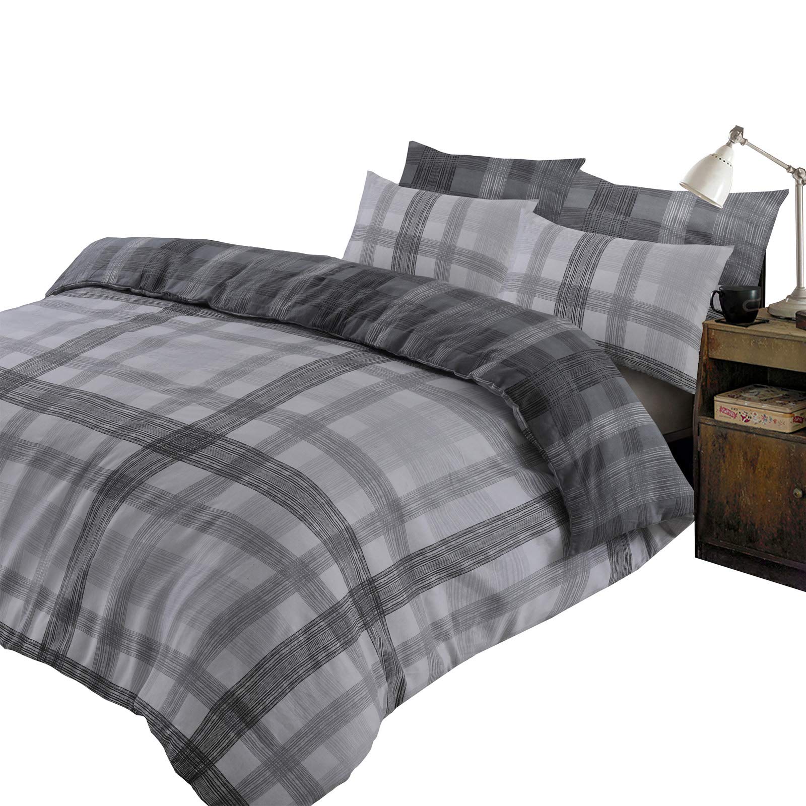 Dreamscene Boston 100% Brushed Cotton Duvet Cover with Pillow Case Flannelette Thermal Tartan Check Bedding Set, Chracoal Grey Silver - Double