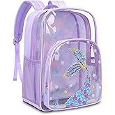 BLUEFAIRY Clear Backpack for Girls 17 Inch School Book Bag Stadium Approved Heavy Duty PVC See Through Bag Large Transparent Bookbag for Kids Travel Work Events (Tail Purple)