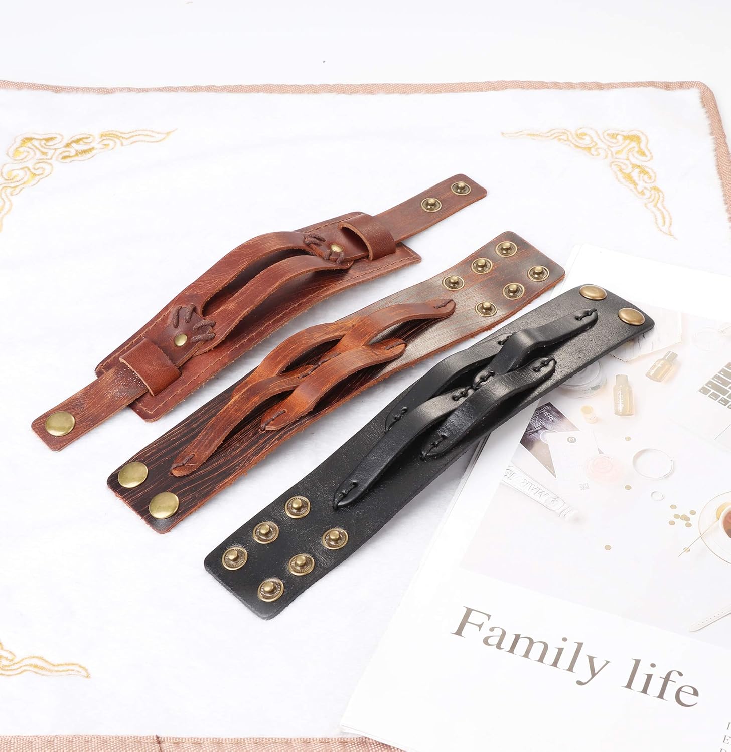 FINREZIO 3 Pcs Leather Cuff Bracelets for Men Women Punk Rock Braided Bracelet Warp Brown Black Wristbands Handmade Jewelry: Jewelry