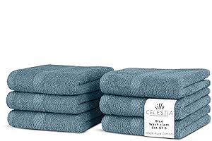 Villa Celestia 100% Cotton Wash Cloth for face & Body Set of 6, (12 x 12 inches) Sustainable, Soft, Highly Absorbent, Combed Cotton Wash Cloths Pack of 6 for Hotels, Spa, Bathroom, Dorm, Blue