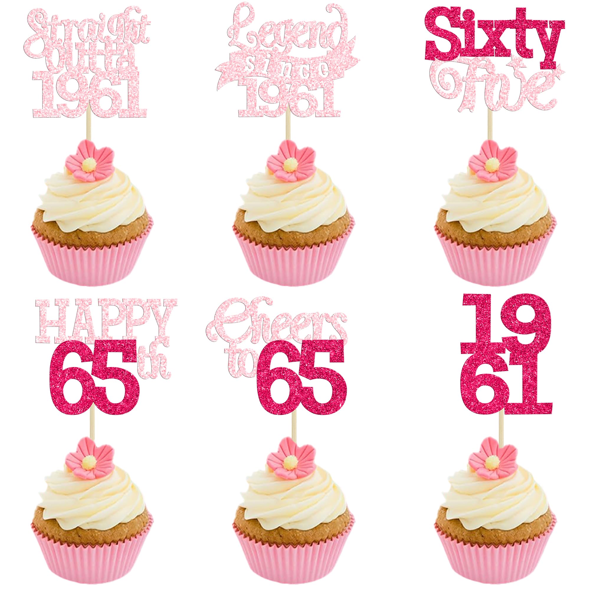 Gyufise 24Pcs Happy 65th Birthday Cupcake Toppers Hello Sixty Five Legend Since 1961 Cupcake Picks Cheers to 65 Years Cake Decorations for 65th Birthday Anniversary Party Supplies Pink Rose Red