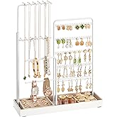 SONGMICS Jewelry Holder, Jewelry Storage Organizer Stand with Metal Frame, Velvet Tray, 12.1 to 18.7 Inches Tall Height Adjustable Necklace Holder, for Rings, Earrings, Matte White UJJS026W01