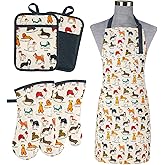 Alselo Oven Mitts and Pot Holders with Chef Apron,Set of 5 Heat Resistant Kitchen Gloves and Silicone Non-Slip Potholders Adjustable Neck Buckle Chef Apron, Cotton Nice Design for Cooking (Dog)