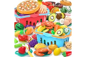 MOEAWS 120 Pcs Cutting Play Food Toy for Multiple Kids with 2 Colors Storage Baskets, Kitchen Pretend Food Set for Toddler, Kitchen Toys Accessories, Fake Food/Fruit/Vegetable, Birthday Gifts for Boy Girl