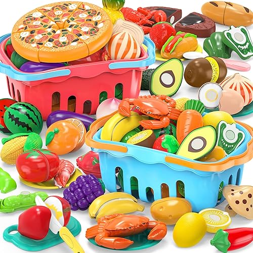 120 Pcs Cutting Play Food Toy for Multiple Kids with Colors Storage  Baskets, Kitchen Pretend Food Set for Toddler, Kitchen Toys Accessories,  Fake